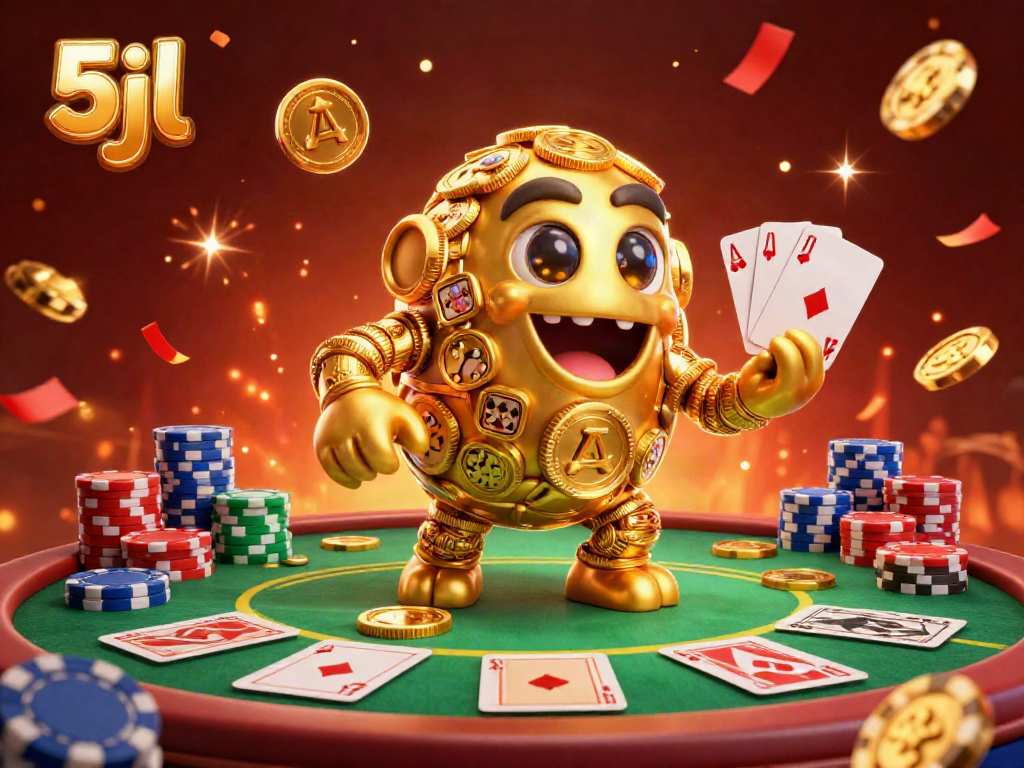 Engage with the thrilling 5jl golden golem, surrounded by vibrant poker elements and celebratory confetti.