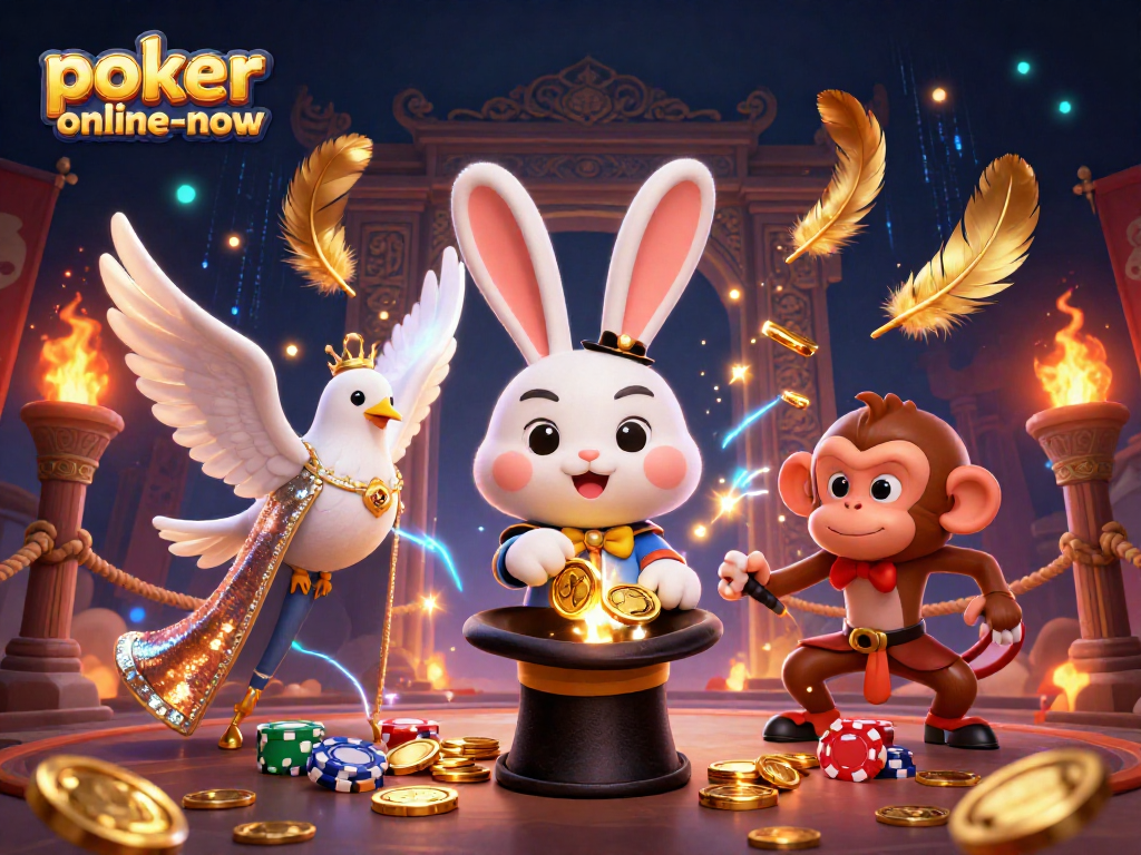 Experience the excitement of poker-online-now with a magical scene of a rabbit pulling coins, a dove, and a monkey at a dynamic casino.