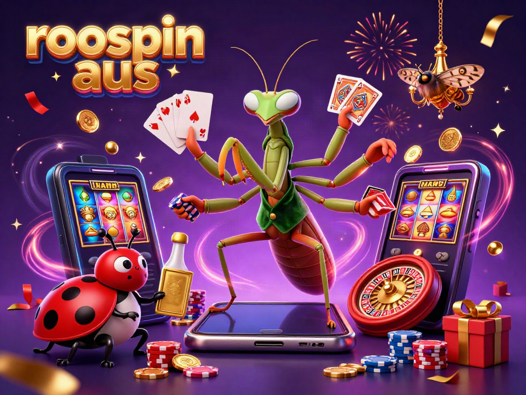 Experience excitement at roospin aus with vibrant casino elements and animated characters in a festive atmosphere.