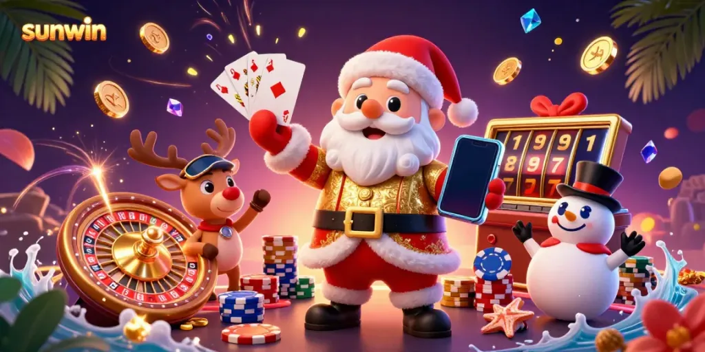 Experience the excitement at Sunwin with Santa and friends playing casino games, surrounded by coins and gems.