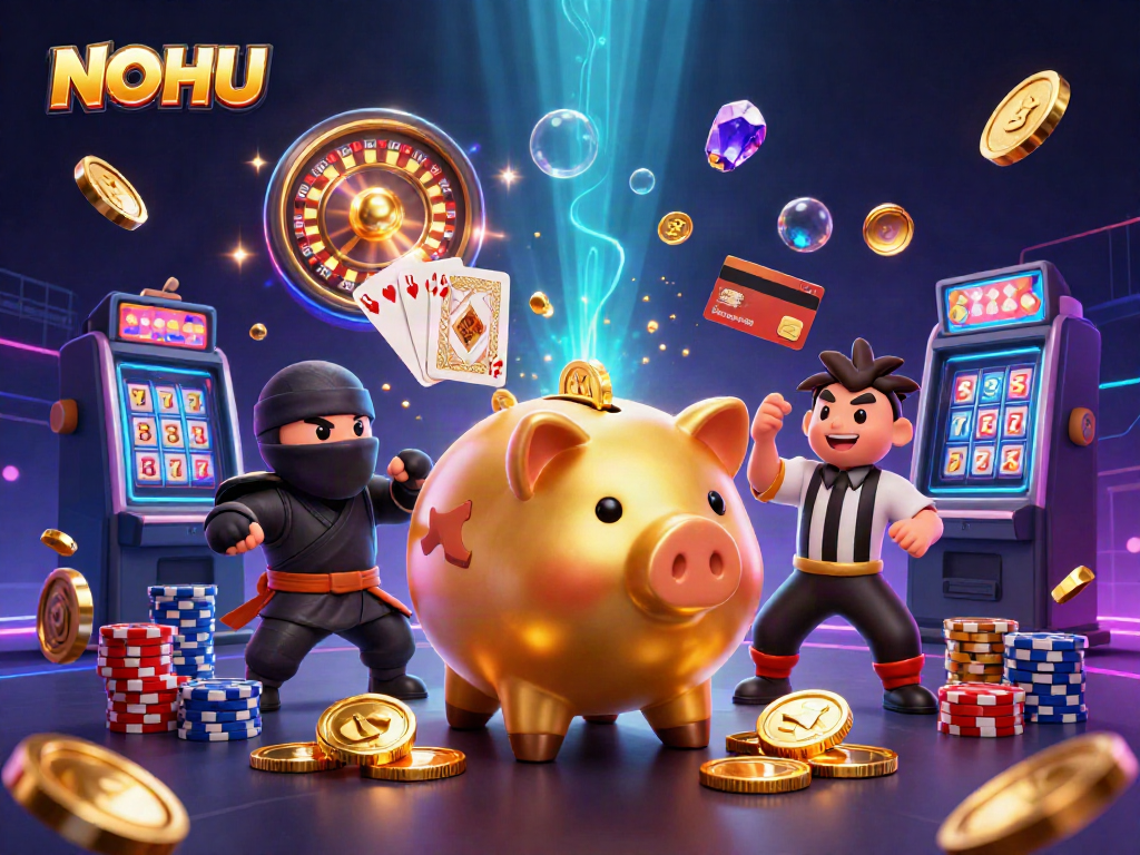 Experience exciting wins at NOHU with a dynamic scene of gaming elements and characters engaged in casino fun