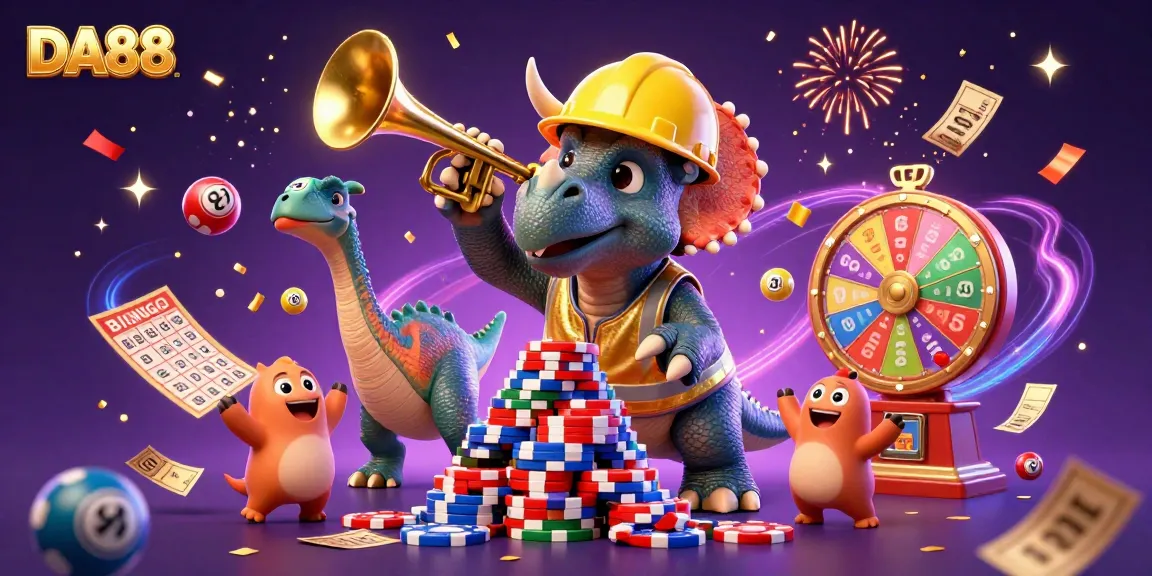 DA88 triceratops celebrates with poker chips and dynamic lottery elements in a vibrant casino scene.
