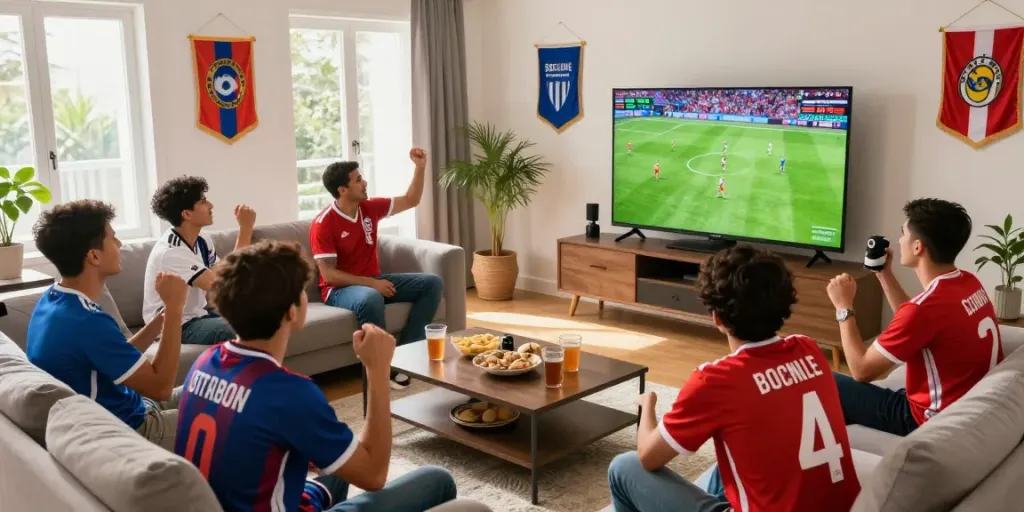 Socolive fans enjoying a live soccer match in a vibrant living room setting