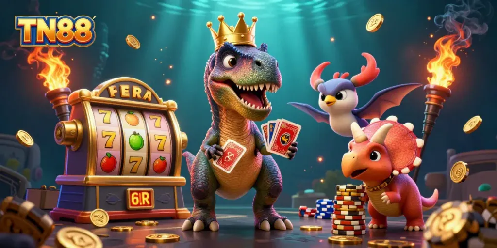 Experience casino fun with TN88 featuring a T-Rex shuffling cards, a pterodactyl, and a triceratops by slot reels.