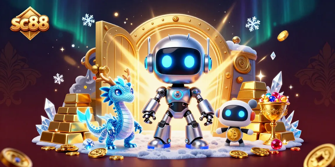 Engage with sc88's thrilling gaming experience featuring a cool robot mascot and a holographic dragon.