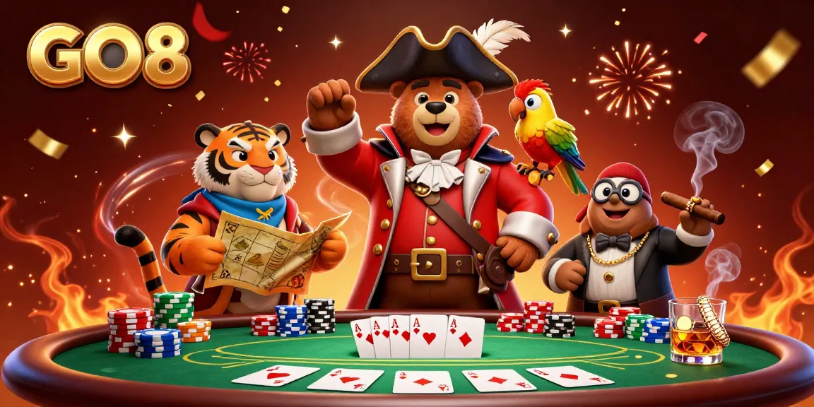 Experience the excitement with GO8 in a vibrant 3D illustration featuring characters, poker chips, and a thrilling casino atmosphere.