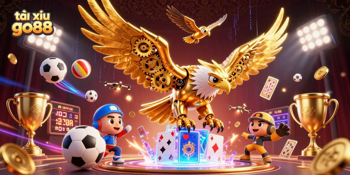 Engage in tài xỉu go88 as a golden eagle dives through playing cards in an animated casino scene.