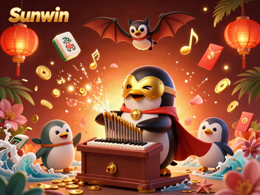Experience Sunwin’s thrilling casino environment with a vibrant penguin orchestrating a coin-shooting organ surrounded by festive elements.