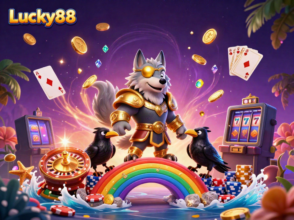 Experience thrilling casino adventures with Lucky88 in a vibrant 3D scene featuring Odin and his ravens.
