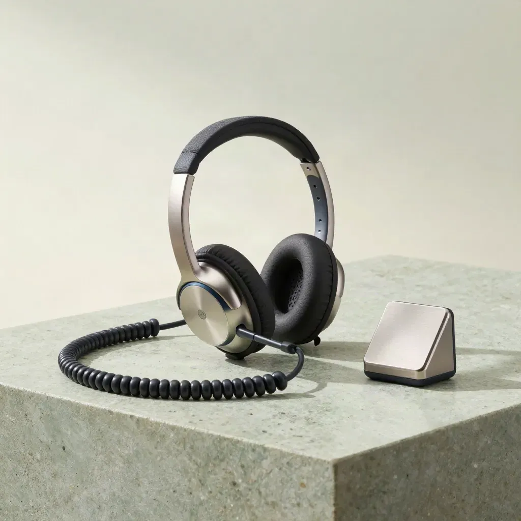 Two support headsets, handset and call tally on pale stone in a premium chat analytics still life.