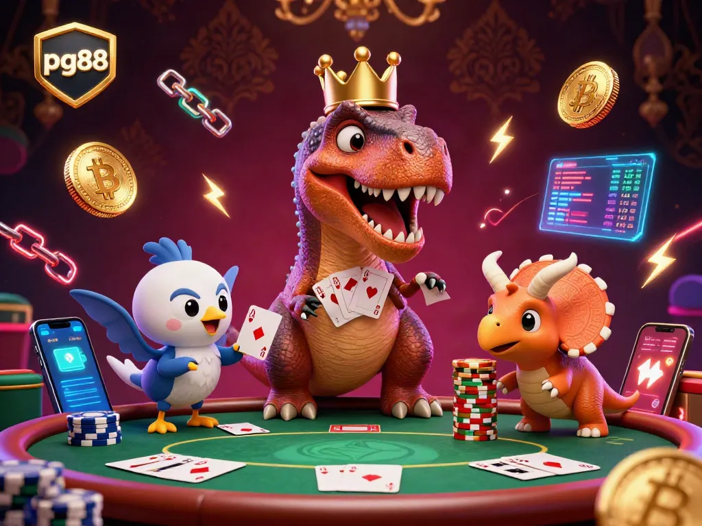 Experience the action of pg88 with cartoon dinosaurs playing cards in a vibrant casino scene.