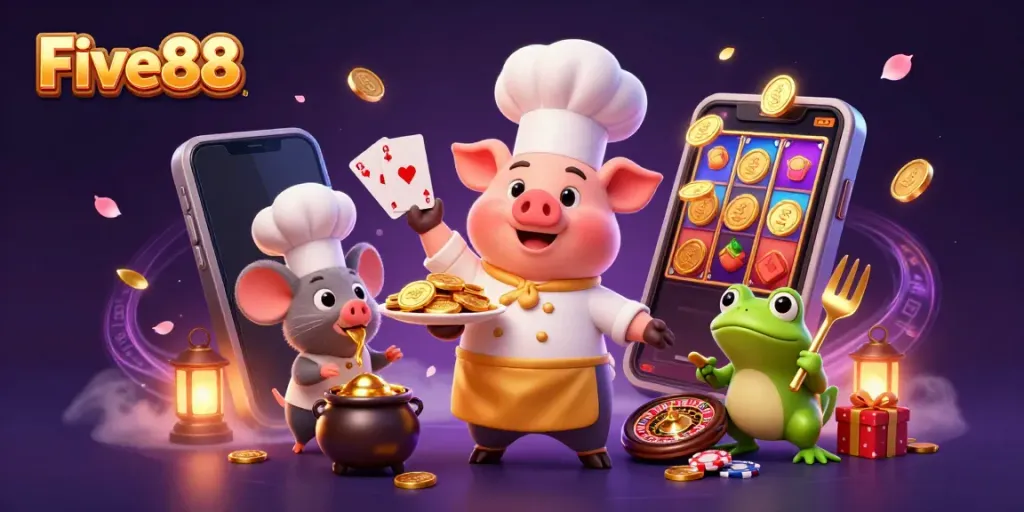 Five88 inspired scene with a chef pig serving gold coins, ideal for high-stakes gambling.
