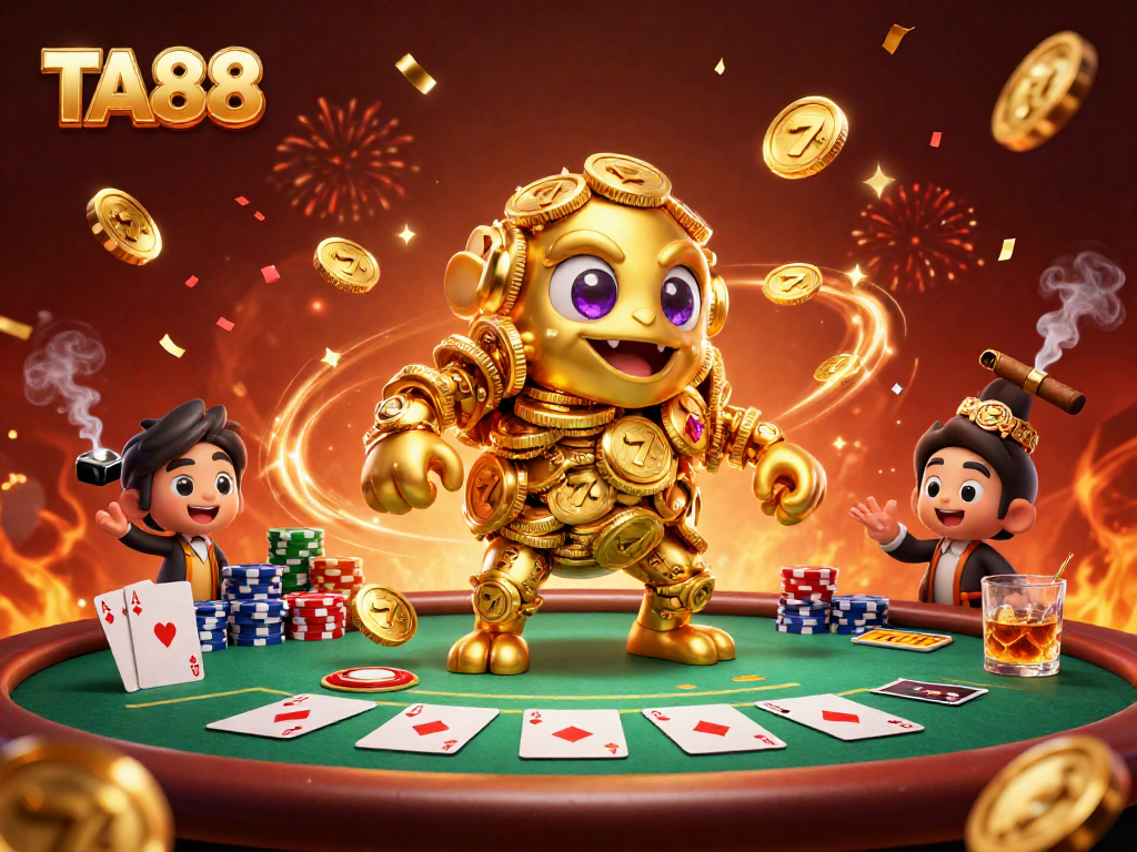 Engage with TA88’s dynamic casino theme featuring a golden golem and poker scene.