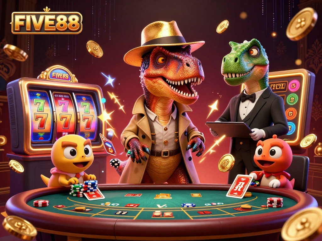 FIVE88 showcases a vibrant casino scene with a velociraptor card counter at a blackjack table, adding a unique twist to gambling.
