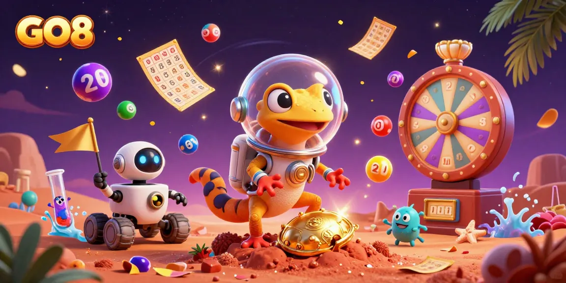 Go8 casino adventure with a Martian gecko, robot rover, and lively lottery elements.