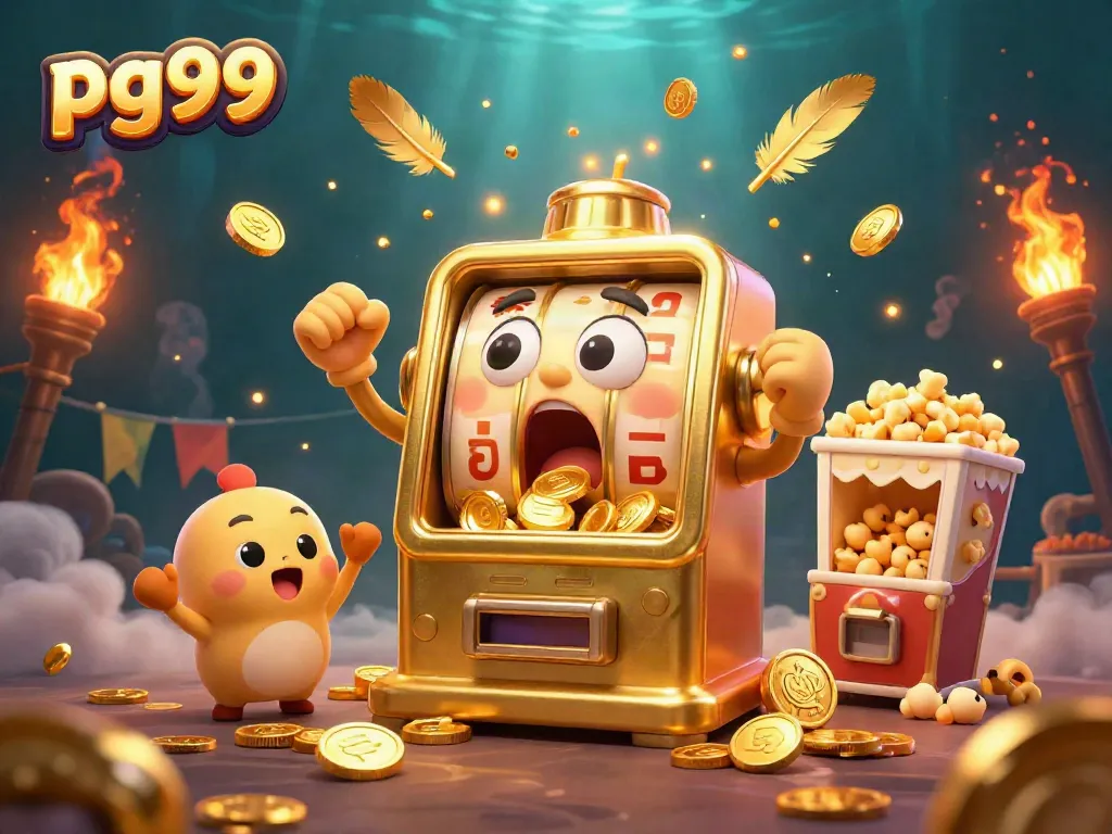 pg99 slot machine celebrating jackpot wins among cheering baby machines and popcorn, vibrant casino scene