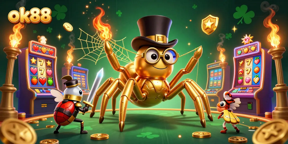 Discover thrilling adventures with ok88 at a dynamic casino game scene featuring a giant tarantula and beetle knight.