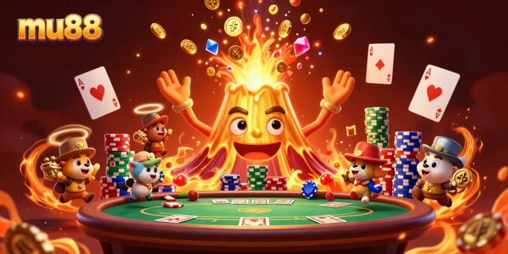 Experience the thrill of mu88 with a golden volcano erupting treasure and poker elements in an exciting casino scene.