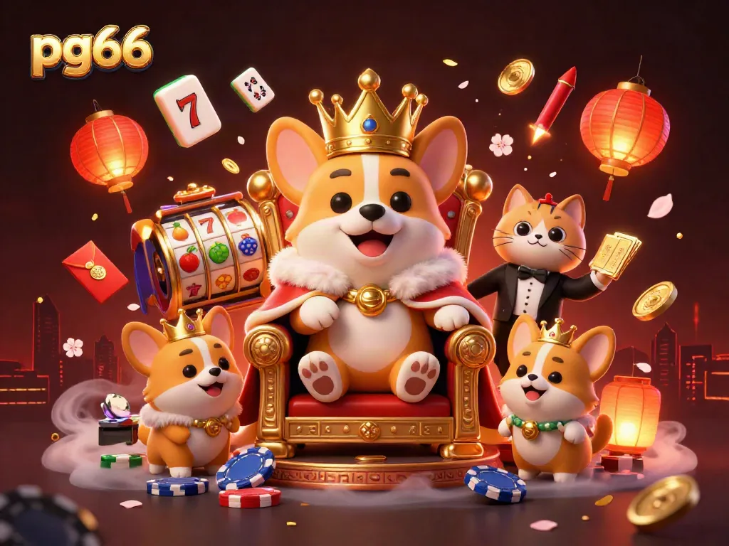 Experience thrilling gameplay with pg66's vibrant illustration featuring a royal corgi on a throne surrounded by slots and festive elements.
