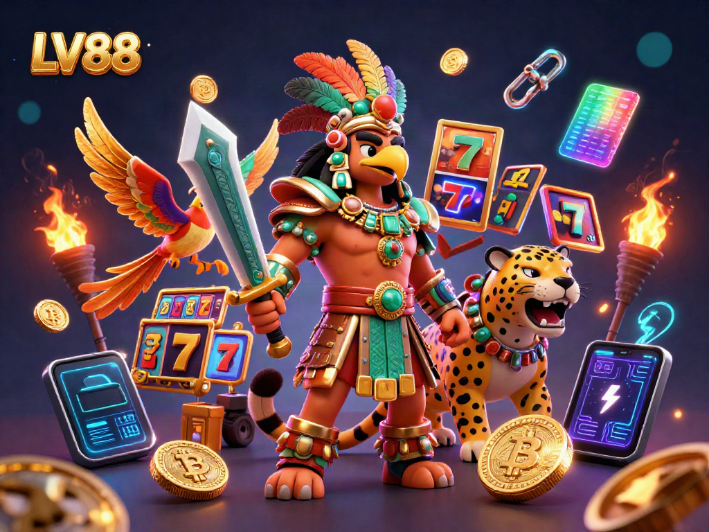 Experience the thrill of LV88 with Aztec warriors and vibrant casino elements.
