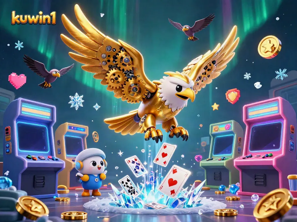 Experience thrilling gameplay with kuwin1's animated golden eagle and arcade games in a vivid casino scene.