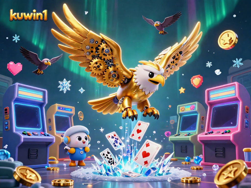 Experience thrilling gameplay with kuwin1's animated golden eagle and arcade games in a vivid casino scene.