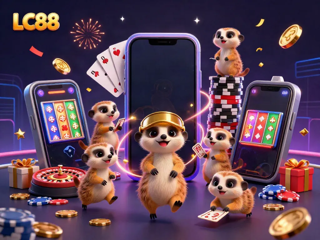Experience the vibrant gaming atmosphere at LC88 with meerkats managing a lively casino.