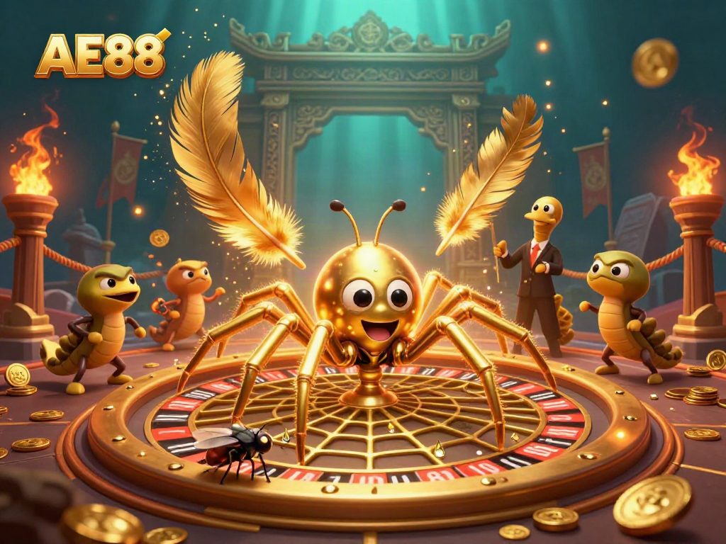 Place bets with AE88 at an exciting cartoon casino scene filled with a roulette web and vibrant details.