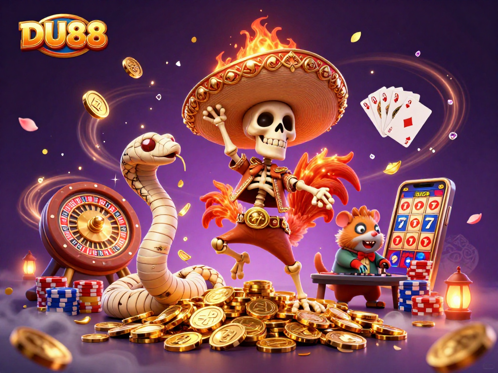 DU88 showcases an energetic victory dance featuring unique characters amidst vibrant gambling symbols.