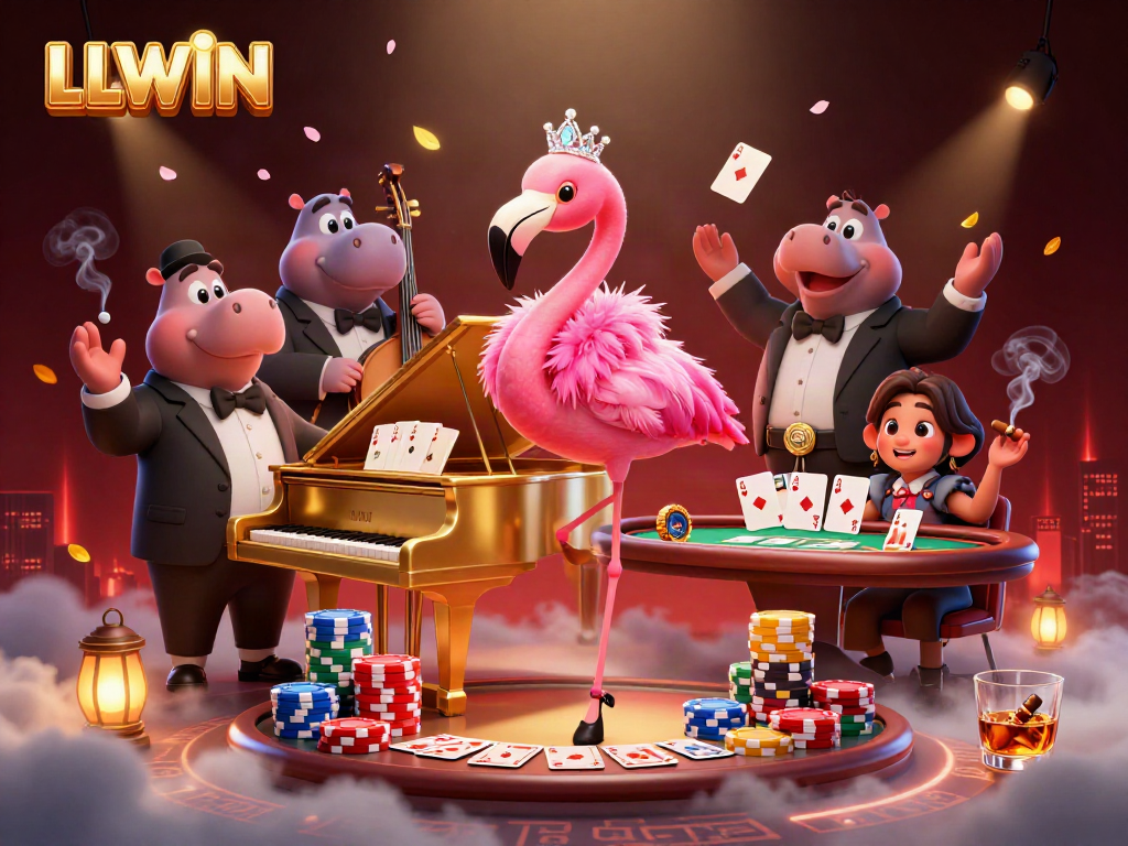 LLWIN showcases a vibrant casino scene with a flamingo singer and a hippo bassist surrounded by poker chips and cards.