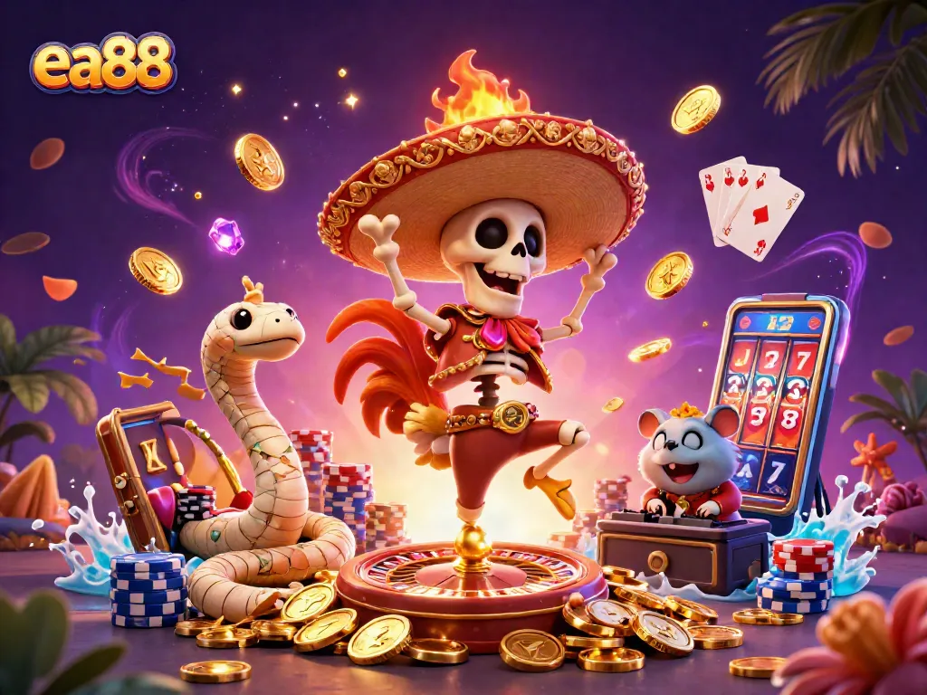 Experience the thrill of ea88 with a vibrant 3D casino scene featuring dynamic characters and exciting gaming elements.