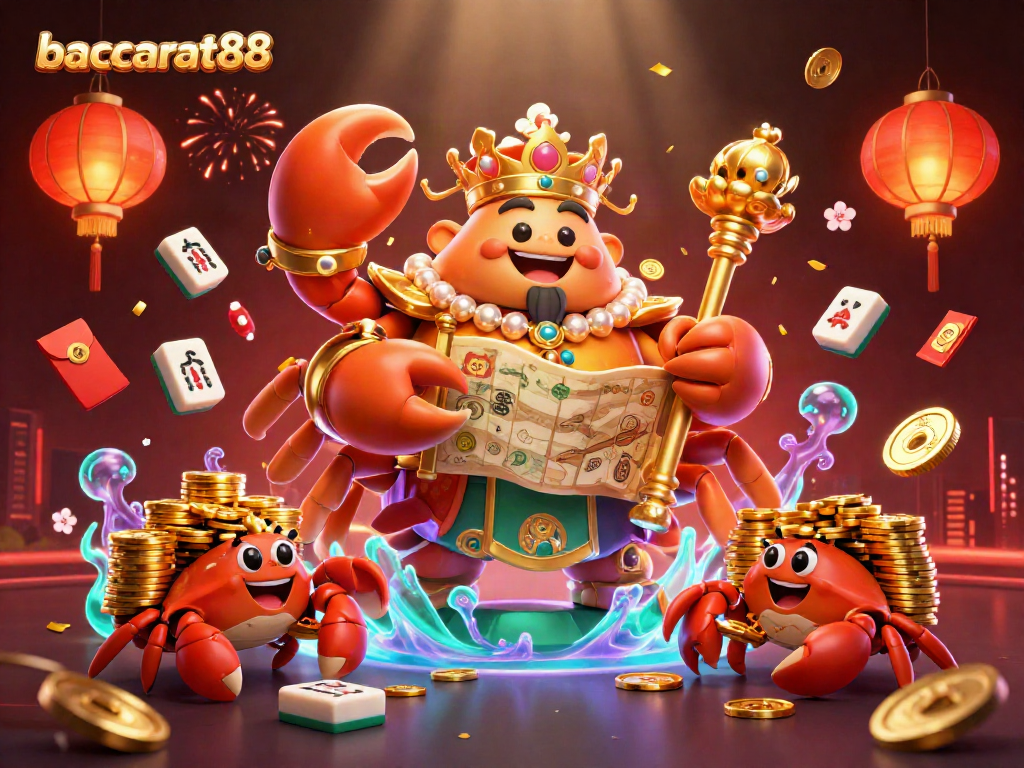 Experience baccarat88 with an emperor crab, treasure map, and luxury casino elements.
