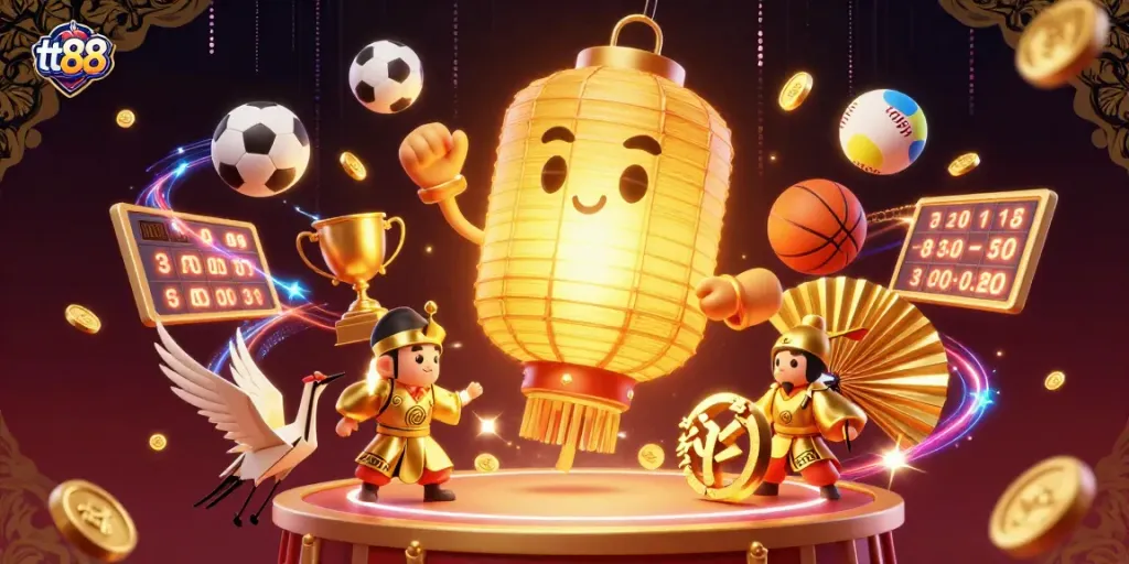 Experience thrilling gaming action at tt88 casino with golden lantern spirit in a vibrant illustration.