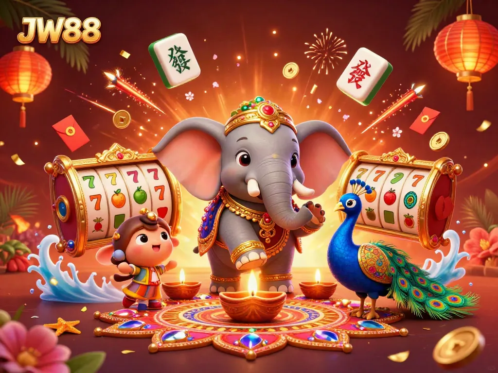 Experience the excitement of JW88 with vibrant characters and casino symbols in a colorful 3D illustration.