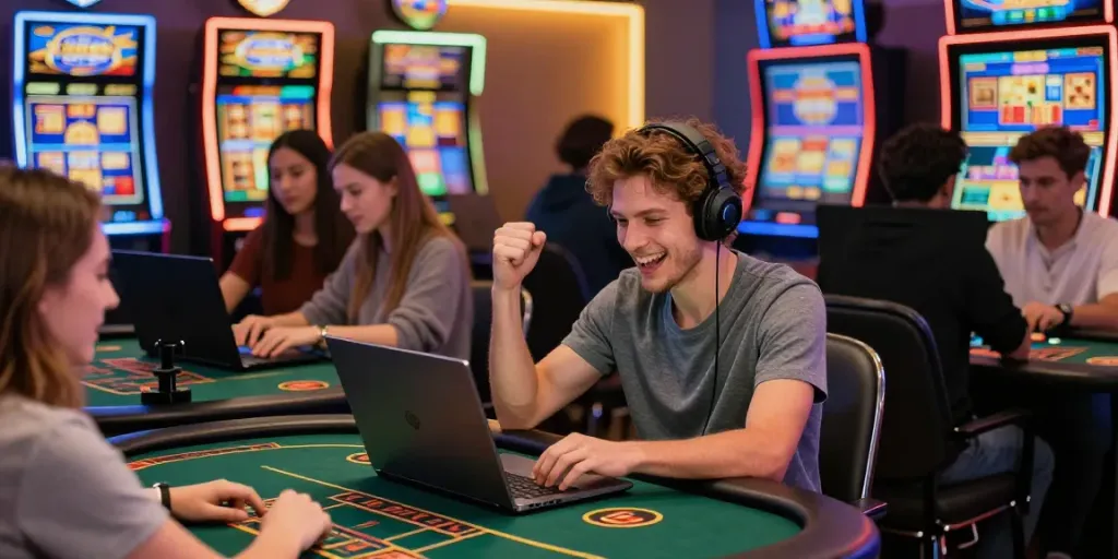 Excited gamers celebrating wins on a vibrant online casino platform at https://fb88mx.com/ with modern design and dynamic visuals.