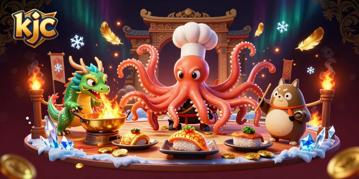 KJC enhances gaming with a vibrant 3D illustration of an octopus sushi chef and fiery dragon in a dynamic casino setting.