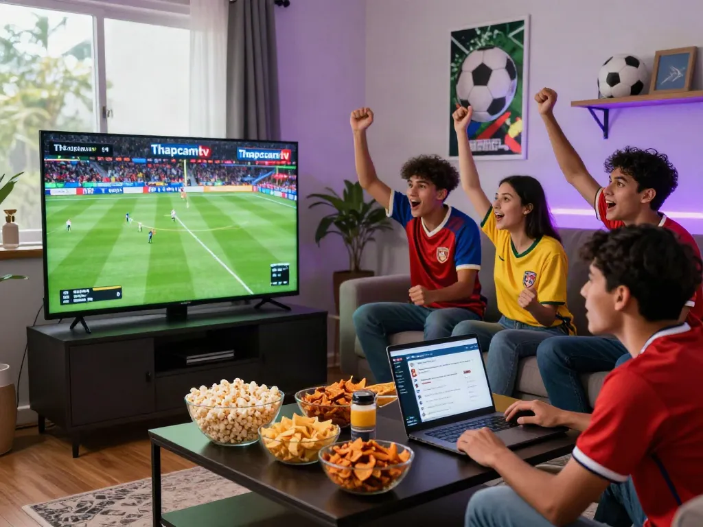 Friends watching a live football match on Thapcamtv, showcasing excitement and camaraderie in a vibrant setting.
