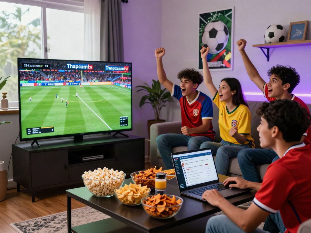 Friends watching a live football match on Thapcamtv, showcasing excitement and camaraderie in a vibrant setting.