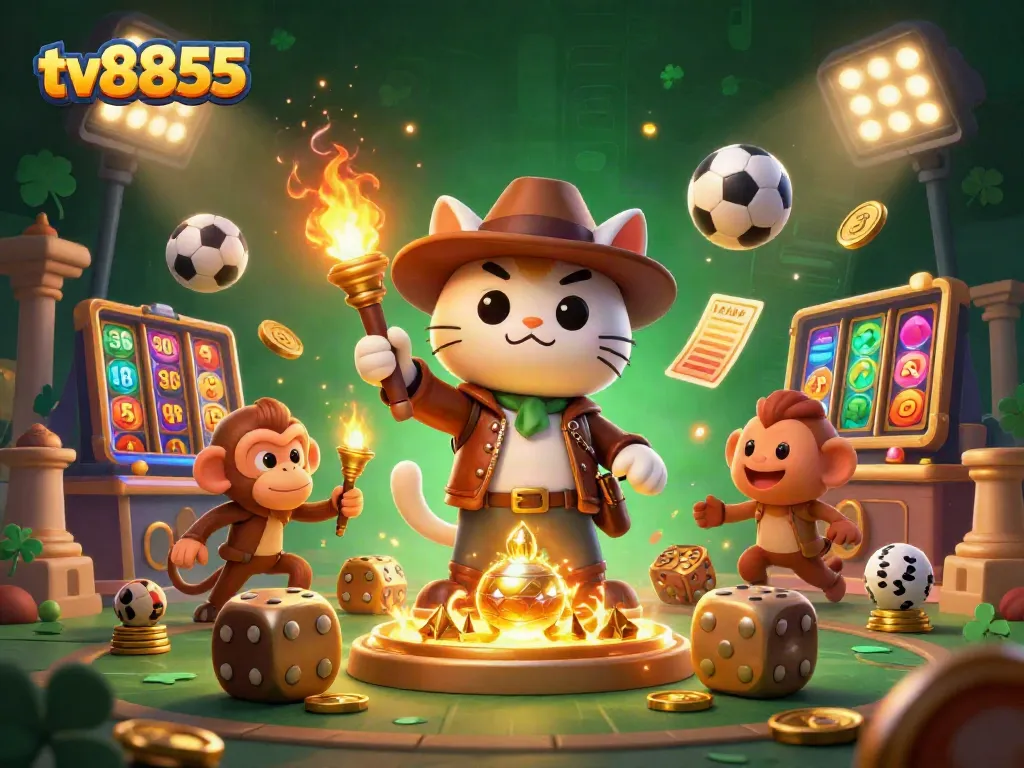 Experience excitement at tv8855 with a dynamic casino-themed illustration featuring thrilling golden artifacts and playful characters.