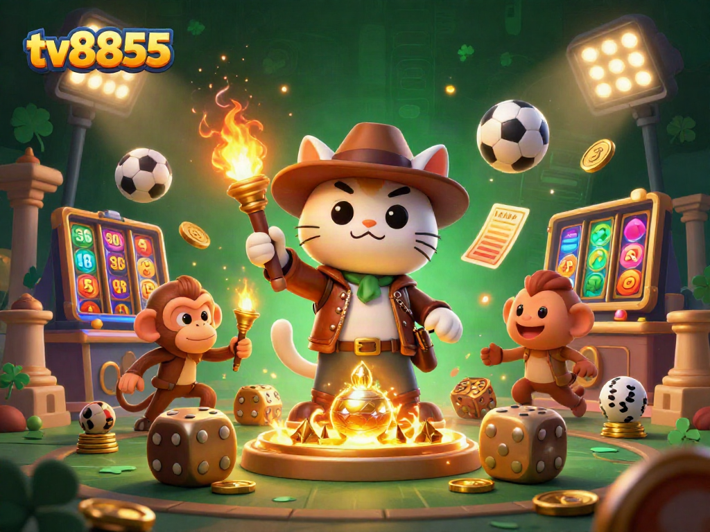 Experience excitement at tv8855 with a dynamic casino-themed illustration featuring thrilling golden artifacts and playful characters.