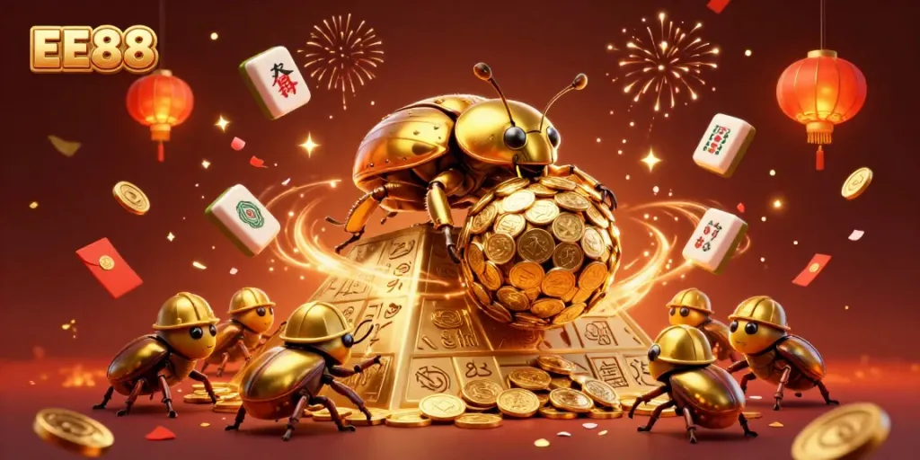 Experience the dynamic energy of EE88's casino games with golden elements and celebratory details.