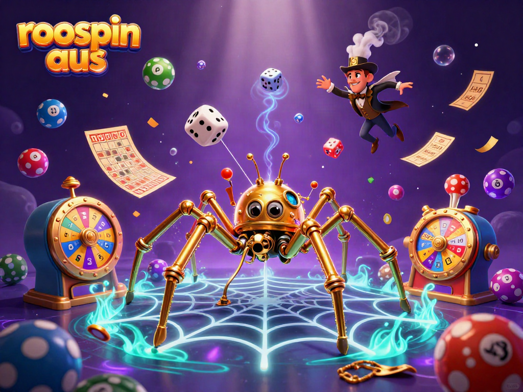 Experience the excitement of roospin aus with a captivating 3D casino illustration featuring a whimsical spider.