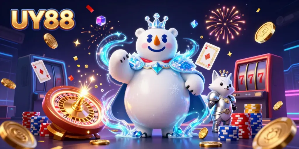 Play exciting games at UY88 with a magical polar bear and snow fox amidst casino elements.