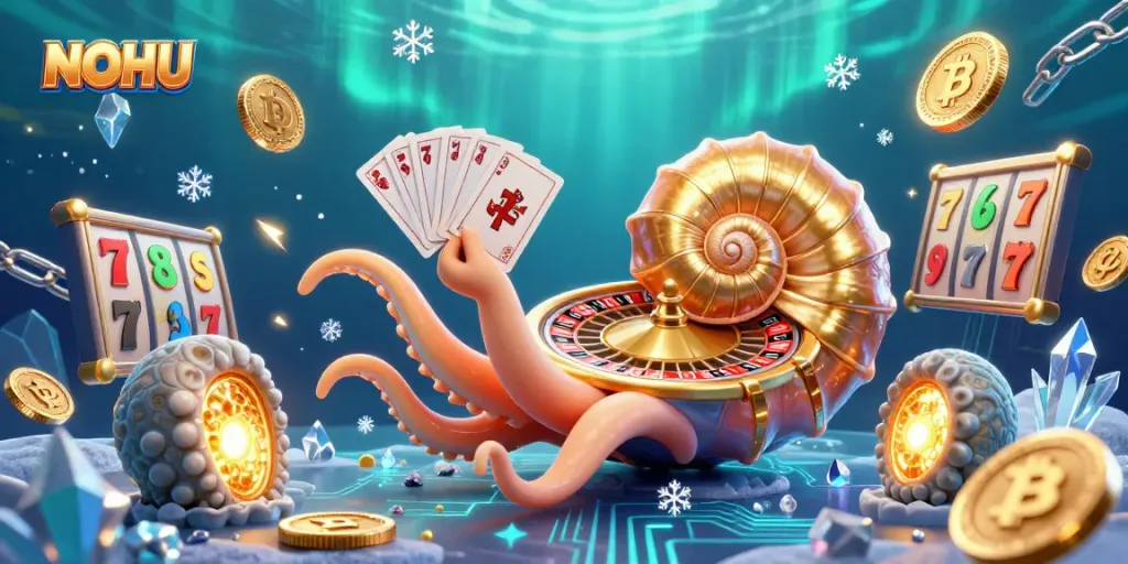 Participate in thrilling NOHU jackpot games with an ancient nautilus and glowing crypto elements, enticing players.