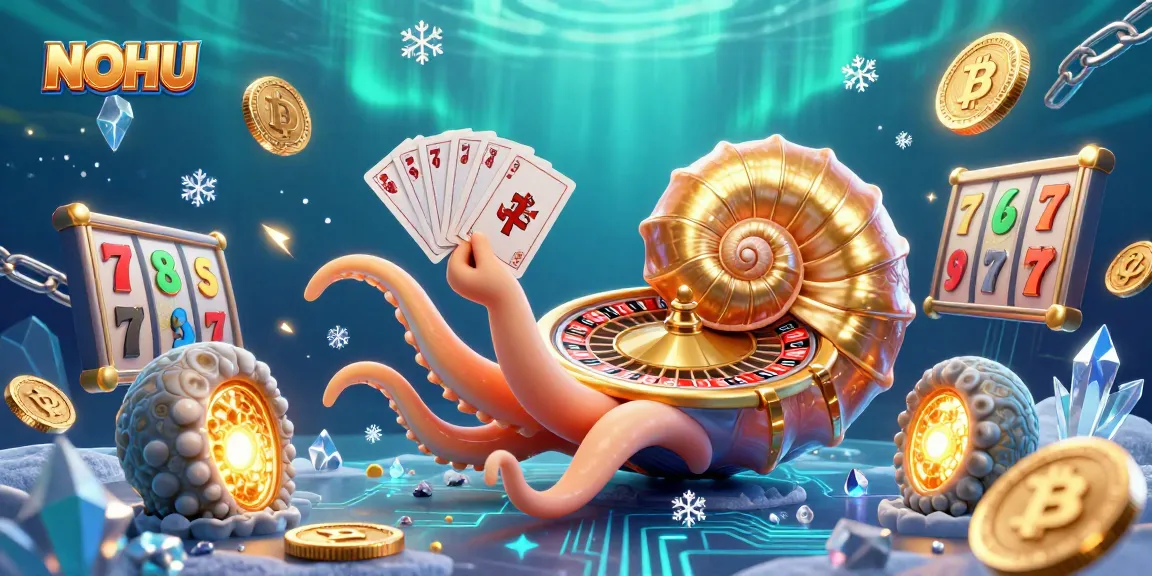 Participate in thrilling NOHU jackpot games with an ancient nautilus and glowing crypto elements, enticing players.