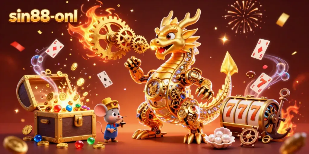 Experience the excitement of sin88-onl with a vibrant 3D casino scene featuring a golden dragon and dynamic game elements.