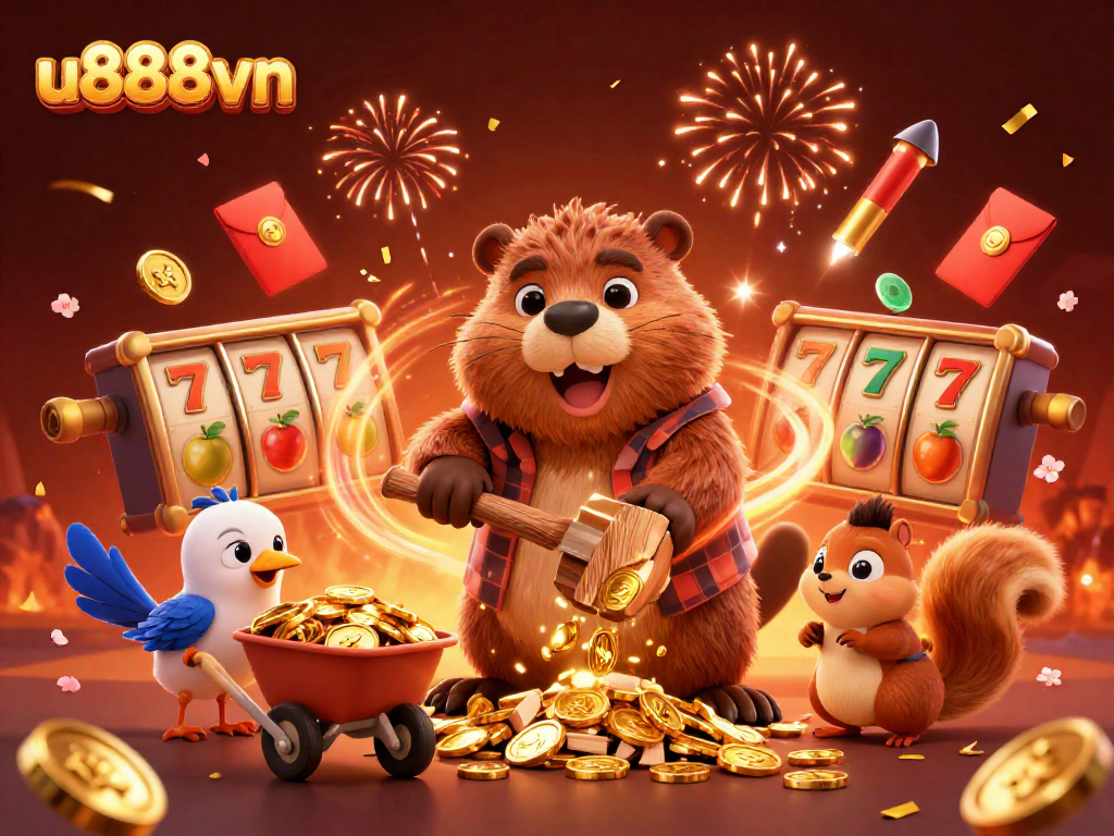 Playing exciting games at u888vn with energetic characters celebrating jackpots and treasures.