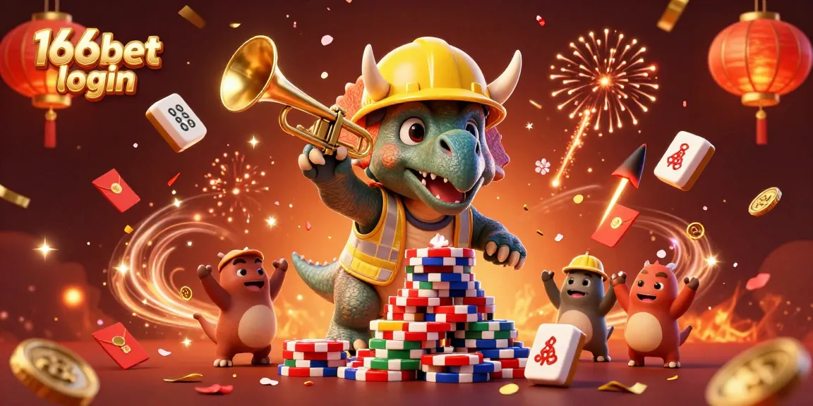 A captivating 3D scene showcasing the 166bet login experience with lively characters building a pyramid of poker chips.