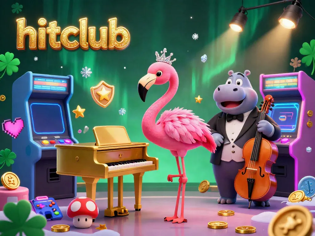 Experience the vibrant hitclub gaming scene featuring a flamingo singer and hippo bassist in an arcade and casino atmosphere.