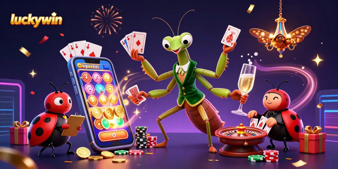 Experience the excitement of luckywin with a vibrant 3D casino scene featuring a mantis and ladybug in action.